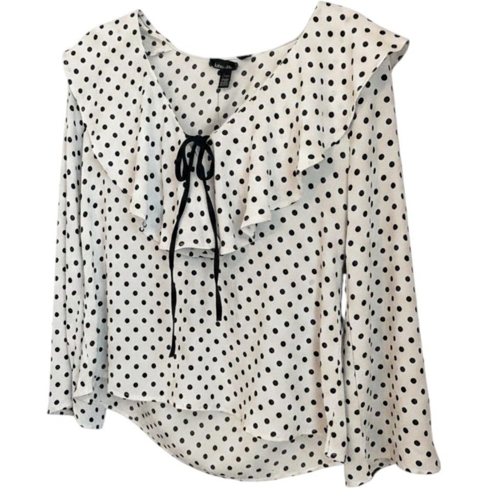 Lea & Viola Anthropologie XS Polka Dot Ruffle Neck Blouse Black Cream Twee